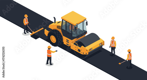 Isometric road construction scene with workers and roller machine on asphalt