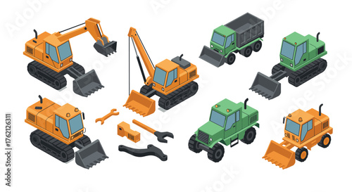Isometric construction vehicles and tools set for industrial design projects