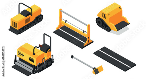 Isometric construction vehicles and equipment set for site planning and design