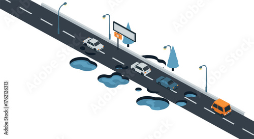 Urban street with potholes and cars in isometric style