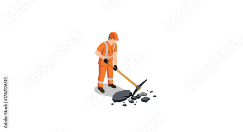 Construction worker in orange uniform breaking ground with pickaxe