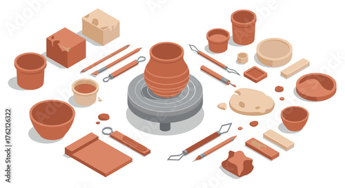 Pottery craft tools in isometric design with clay and accessories on white background