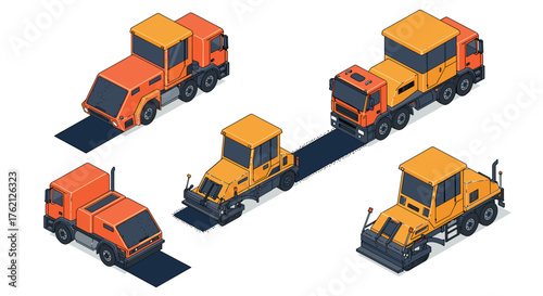 Isometric construction machines set for roadworks and industrial projects