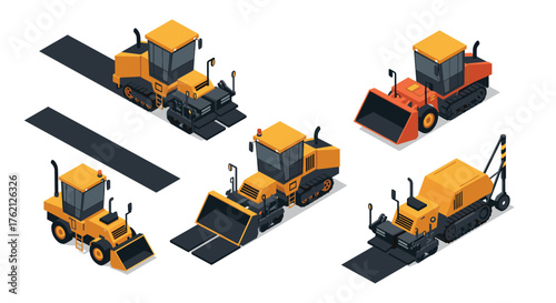 Isometric construction machinery heavy equipment set for roadwork and building