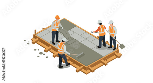 Isometric construction crew pouring concrete foundation scene