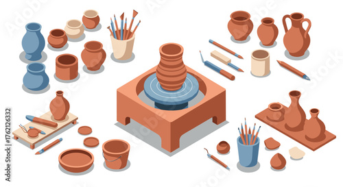 Isometric pottery studio with clay vases and art tools on white background