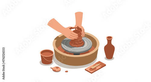 Isometric pottery craft hands shaping clay on wheel with tools