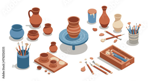Isometric pottery workshop scene with tools and clay vessels