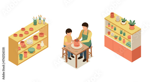 Isometric pottery workshop with shelves and handson crafting experience