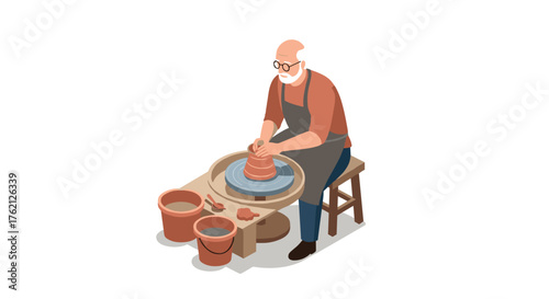 Elderly man crafting pottery on a potters wheel in a modern isometric design