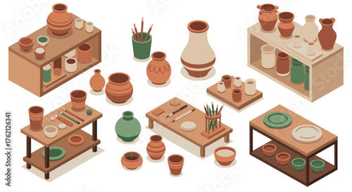 Isometric pottery studio with ceramic vases and clay tools on wooden shelves