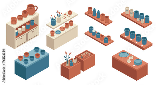 Isometric ceramic display set with colorful pottery on shelves and tables