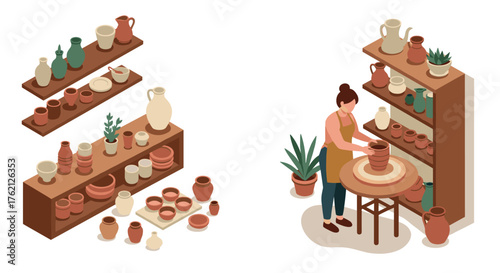 Isometric pottery workshop scene with ceramics and potter at work
