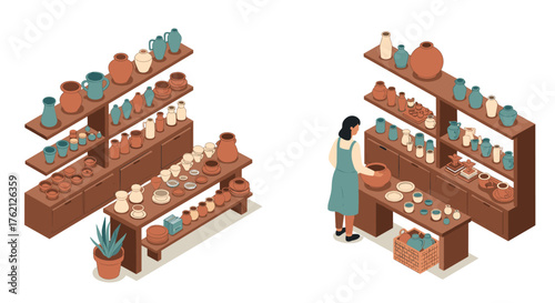 Isometric pottery shop scene with woman crafting ceramics