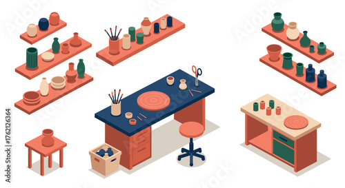 Modern isometric pottery studio with tools, shelves, and ceramic art supplies