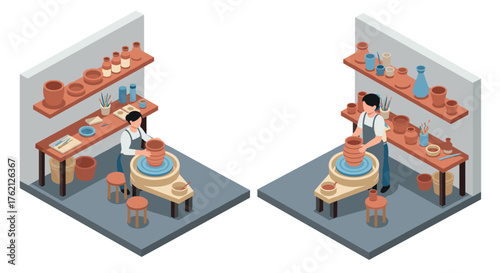 Isometric pottery studio with artists crafting ceramic vases and pots