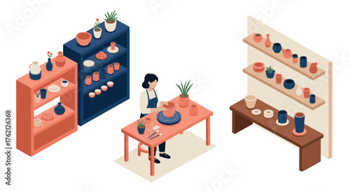 Isometric pottery workshop with shelves displaying colorful ceramics and potter at work