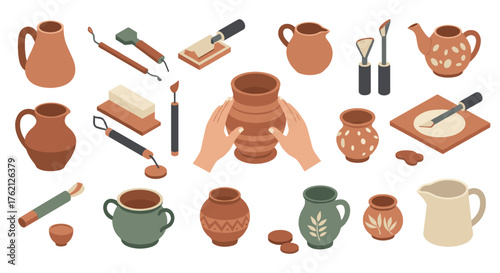 Pottery crafting tools and techniques with various clay pots on white background