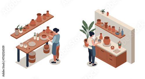 Artisan crafting two potters shaping clay in isometric studio setting