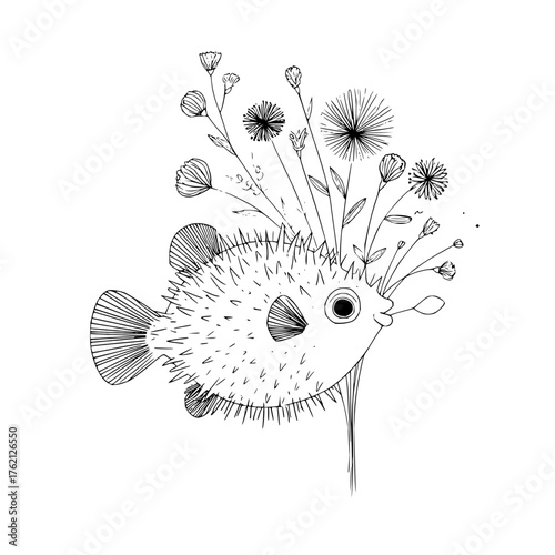 Illustration of a pufferfish with spiky exterior and various flowers sprouting from its head and mouth