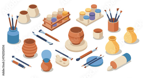 Creative pottery and painting tools in isometric style