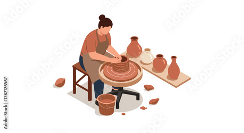 Potter crafting clay vase in isometric style workshop