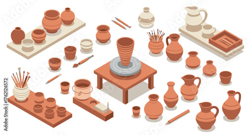 Isometric pottery workshop with clay vases, bowls, and tools in earthy tones