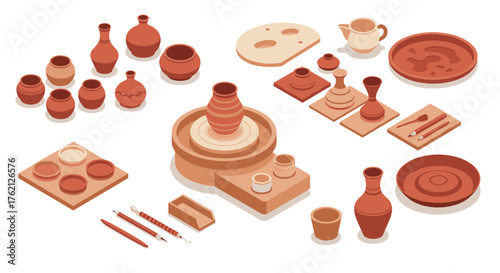 Isometric pottery workshop tools and materials set for creative ceramic design