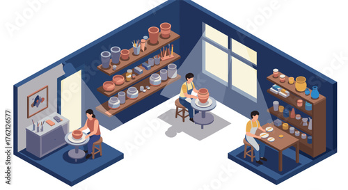 Isometric pottery studio with artists crafting clay in a workshop setting