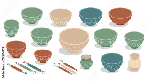 Colorful ceramic bowls and pottery tools in flat style arrangement