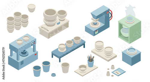 Isometric pottery workshop equipment with ceramics, tools, and machines