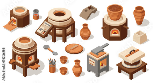 Isometric pottery workshop set kilns, tools, and clay vessels in a craft studio