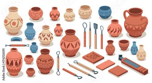 Isometric ceramic pottery set with crafting tools and decorative patterns
