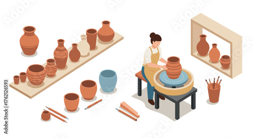 Isometric pottery studio artisan creating clay pots at wheel with diverse ceramic designs