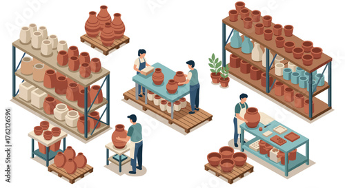 Pottery workshop isometric art with craftspeople shaping clay and displaying handmade ceramic vases