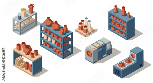 Isometric pottery workshop with ceramic vases on shelves and kilns