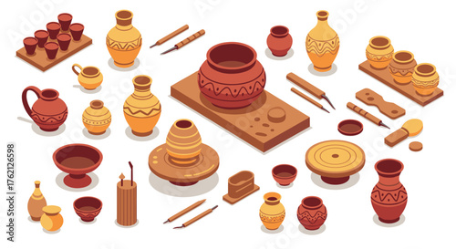 Isometric clay pottery tools and vessels on white background