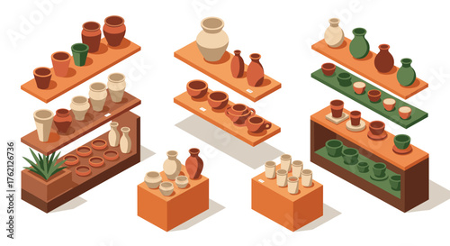 Isometric ceramic pots and vases on shelves with rustic home decor elements