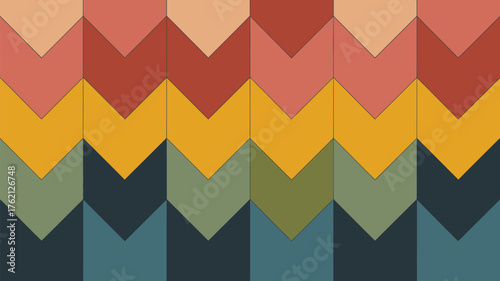 Abstract chevron pattern with multiple rows of different colors and geometric shapes design