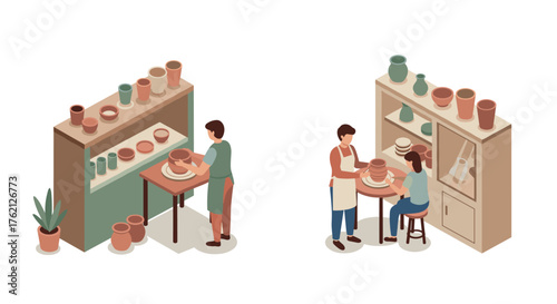 Isometric pottery workshop scene with people engaged in clay crafting