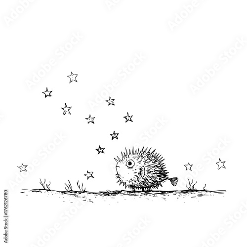 Pufferfish on the ocean floor surrounded by seaweed and a scattering of stars in a black and white sketch
