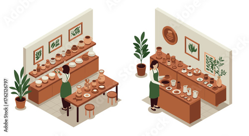 Isometric ceramic workshop with pottery and plants in a minimalist setting