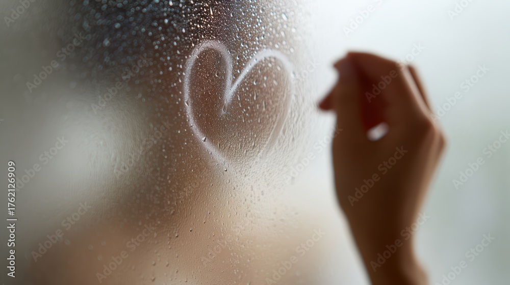 Fototapeta premium Unrecognizable young woman drawing a heart on steamed-up shower glass, blurred figure behind water drops, relaxing in bathroom