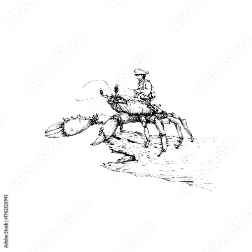 A drawing of a man with a hat riding a giant crab on a piece of driftwood in a black and white sketch