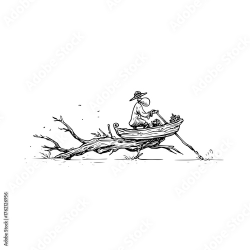 A whimsical drawing of a person in a boat navigating a fallen tree in a serene body of water scene