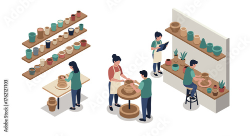 Isometric pottery workshop scene with people crafting and displaying handmade ceramics