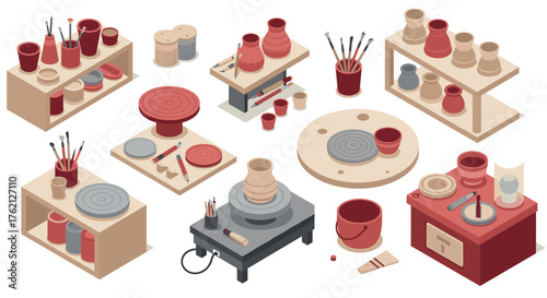 Isometric pottery workshop with tools and equipment in warm earth tones