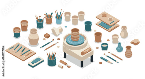 Isometric pottery studio setup with clay vessels and tools