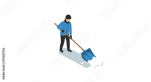 Winter maintenance worker with a snow shovel in isometric style