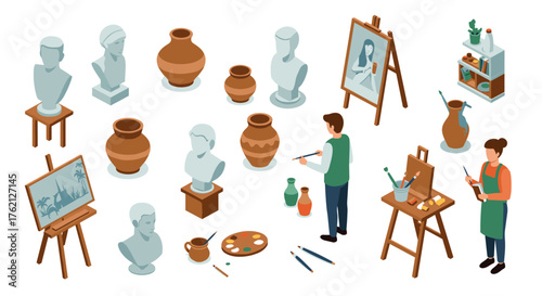 Artists in a studio with sculptures, paintings, and pottery in isometric style